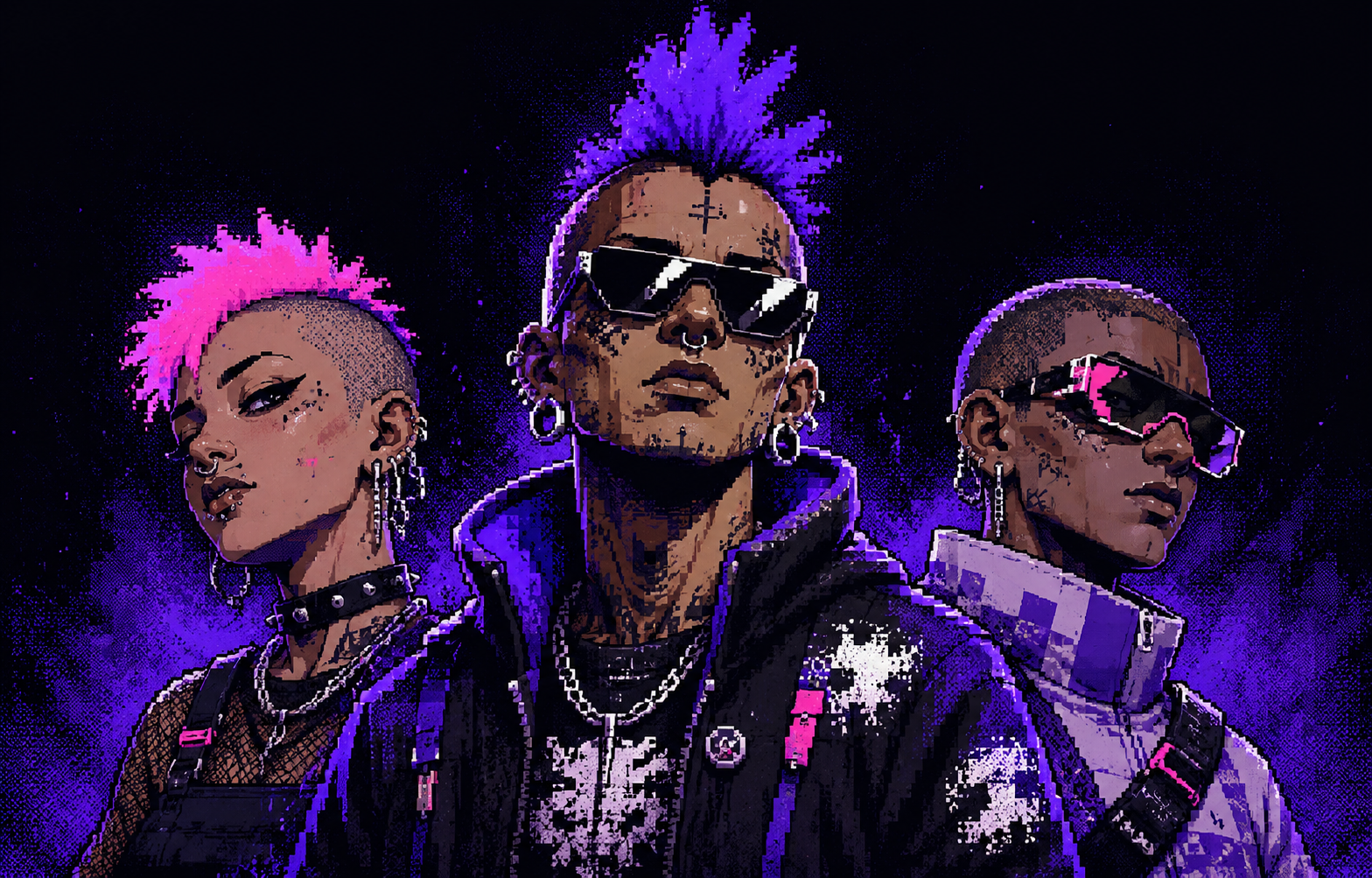 Three original punk characters in black and ultraviolet purple